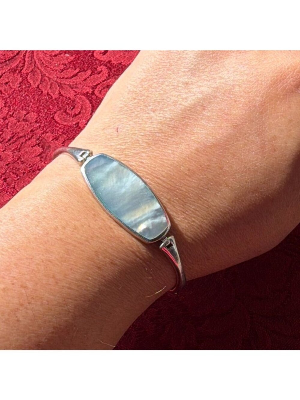 Vintage 925 Sterling Silver Mother of Pearl Oval Bar Link Bracelet Hinged 7"